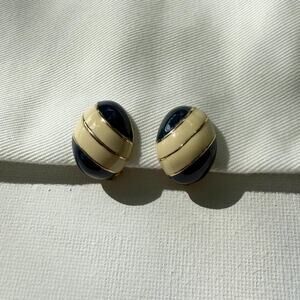 Vintage Nina Ricci Clip On Earrings Navy Cream Enamel Signed Gold Plated